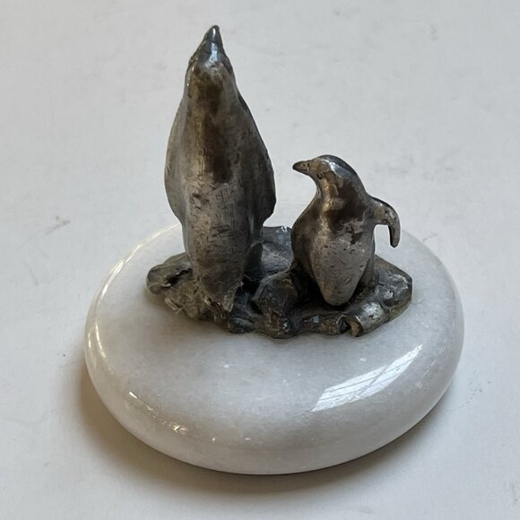 Pewter Penguin Figurine on Marble Base Pair Mama Chic Paperweight Decor - Picture 3 of 7